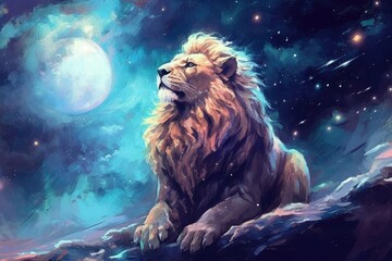 Wall Mural - Lion predator animals wildlife painting. Lion is the king of animals. The constellation of Leo is a sign of the leaders. A strong spirit, strong body, strong will. Fantasy art of a lion