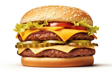 Wall Mural - Grilled Hamburger on White Background. Isolated Beef Burger Meal Fast Food