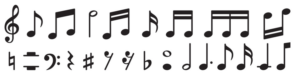 set of all music notes symbols, flat design vector illustrations