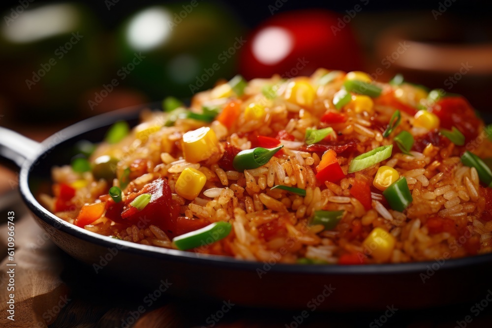 Slate Rice Highly detailed close-up photography of a juicy fried rice on a slate ...