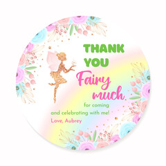 Wall Mural - Birthday favor sticker. Circle party favor card background with gold sparkling fairy silhouette, rainbow and flowers. Vector 10 EPS.