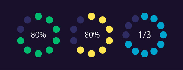 Poster - Task completion level circle infographic design template set for dark theme. Employee performance. Editable dot chart with percentages. Visual data presentation. Myriad Pro-Regular font used