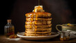 Towering stack of pancakes covered in maple syrup and butter, delicious food