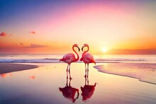 Pink Flamingo At Sunset