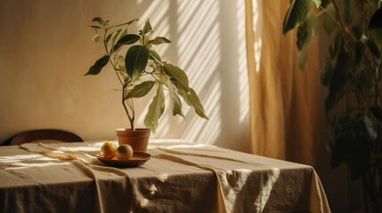 Modern interior lifestyle Mediterranean in summer scene, plant with fruit on table with light and shadow in dining room, generative ai 