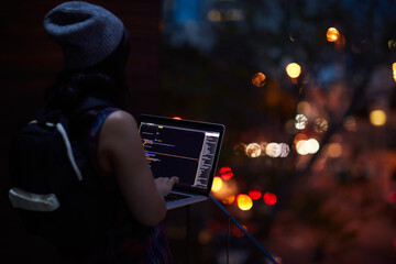 Aufkleber - Hacker, phishing and programming with person and laptop for ransomware, cyber security and digital. Coding, technology and crime with programmer typing for fraud, network system or data scam at night