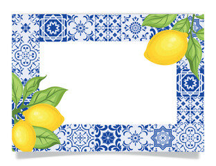 Frame with blue tiles and lemon branches, vector.