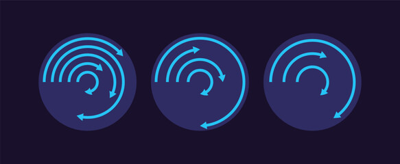 Poster - Radial arrow infographic chart design template set for dark theme. Different products performance. Tracking progress. Growth direction. Visual data presentation. Editable circular diagrams collection