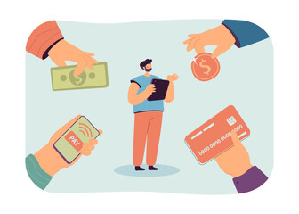 Poster - Hands offering different payment methods vector illustration. Surprised man with device choosing between cash pay, credit card, digital wallet. Finance transactions, payment options, banking concept