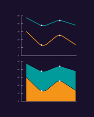 Poster - Line and area infographic charts design template set for dark theme. Magnitude change over time. Visual data presentation. Editable diagrams collection. Myriad Pro-Bold, Regular fonts used
