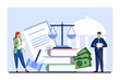 Tiny lawyers with contracts or taxes vector illustration. Cartoon drawing of big scales and gavel, legal workers managing government spending. Finances, economy, law, taxation concept