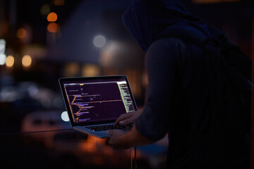 Aufkleber - Hacker, ransomware and programming with person and laptop for code, cyber security and phishing. Coding, technology and crime with programmer typing for fraud, network system and data scam at night
