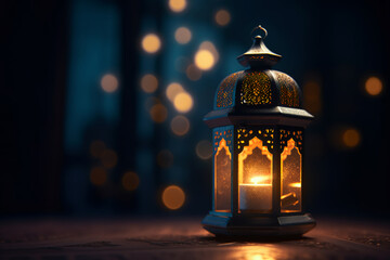 Radiant Ramadan lantern in a dark room with a dark and blurry image behind it, generative ai