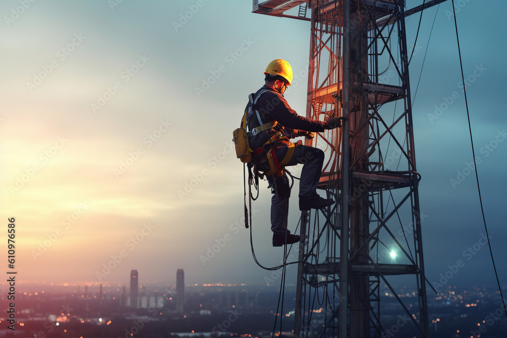 construction engineer worker at heights,architecture sci-fi construction working platform on top of building, suspended cables, fall protection and scaffolding installation.