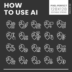 Poster - How to use AI big pixel perfect white linear icons set for dark theme. Artificial intelligence in daily life. Night mode simple thin line symbols. Isolated outline illustrations. Editable stroke