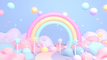 3d Rendered Cartoon Rainbow World With Star Candy Sticks.
