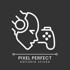 Sticker - AI play games pixel perfect white linear icon for dark theme. Deep reinforcement learning. Artificial intelligence bot. Thin line illustration. Isolated symbol for night mode. Editable stroke