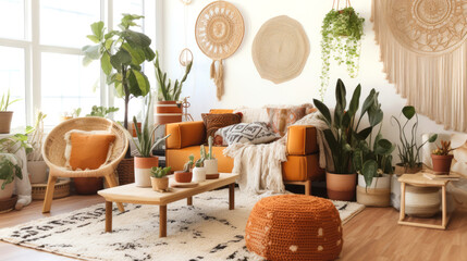 boho style living room in earthy tones with plants, macrame, and woven textiles. generative ai