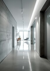 Sticker - Minimalistic modern white interior with glossy concrete floor and large bright windows. Generative Ai