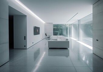 Sticker - Minimalistic modern white interior with glossy concrete floor and large bright windows. Generative Ai