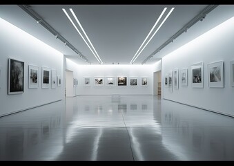 Sticker - art gallery interior. Beautiful modern white glossy walls and floor interior. Generative Ai