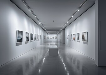 Sticker - art gallery interior. Beautiful modern white glossy walls and floor interior. Generative Ai