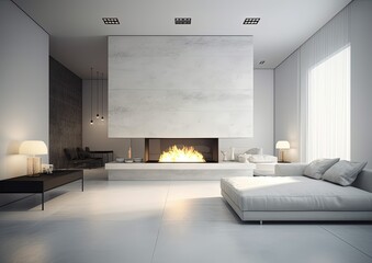 Sticker - Minimalistic modern white interior with white walls and big modern fire place. Generative Ai