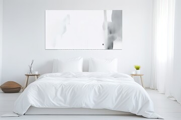 Poster - Cosy bright bedroom with large canvas mock-up on the wall. Generative Ai