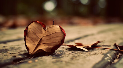 Wall Mural - red autumn leaves on the ground shaped as heart, valentine romance - by generative ai 