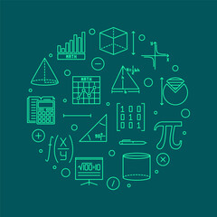 Poster - I Love Mathematics vector line round green banner. Math circular illustration