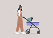 A young Asian parent walking with a stroller, outdoor activities