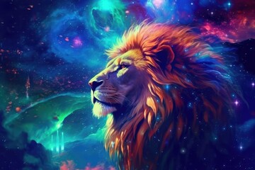 Wall Mural - Lion predator animals wildlife painting. Lion is the king of animals. The constellation of Leo is a sign of the leaders. A strong spirit, strong body, strong will. Fantasy art of a lion