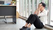 © M Stocker - Desperate sad jobless man put head on hands while sitting near large glass window in office. Unsuccessful failed, Stressed after dismissal, Boss and company bankruptcy concept