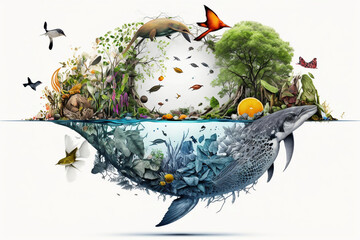 creative collage of biodiversity in the form of an animal, ecosystem and protection of nature and aq
