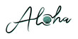 Aloha shell vector hand drawn illustration. Black aloha summer writing with turquoise shell inside, instead of the letter o. Isolated. For your print, design, cards, invitations.
