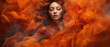 woman wearing orange dress with orange smoke. Generative AI image.