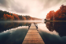 A Pier Leading Into The Water, With Autumn Trees