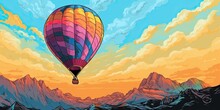 Landscape Illustration Of A Hot Air Balloon Gracefully Soaring Through The Sky, Evoking A Sense Of Wonder And Adventure. Concept Art Of Landscape And Balloon. Generative AI