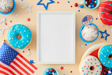  Prepare for an explosive Independence Day party. Top view flat lay of sweet food, star-shaped confetti, national flag on light beige background with empty frame for message or text
