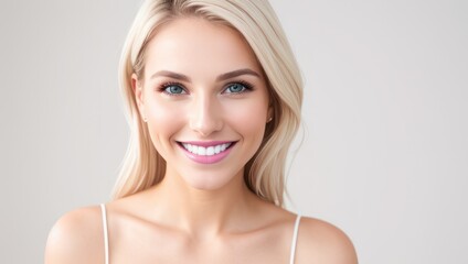 Wall Mural - Portrait beautiful blonde model woman with white teeth smile, healthy long hair and beauty skin on light background. Concept of advertising a dentist and facial care. Generative AI