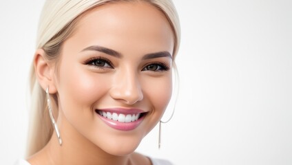 Wall Mural - Portrait beautiful blonde model woman with white teeth smile, healthy long hair and beauty skin on light background. Concept of advertising dentist and facial care. Generative AI