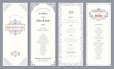 Ornate vertical classic templates. Wedding and restaurant menu. Can be used as horizontal banners, poster, greeting and business card, invitation, flyer, brochure, email header, advertising.