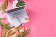 © ricka_kinamoto - Summer office, working background, blogger workplace flat lay. White laptop keyboard with notebook, straw hat, tropical decor and leaves, cold cocktail glass on high-colored sunny pink background