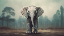 Little Cute Elephant On Blurred Forest Background