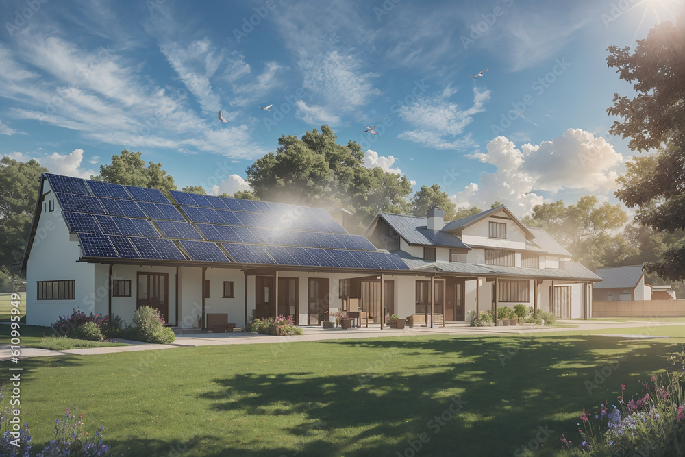 3D illustration of eco house building design and green power energy ...