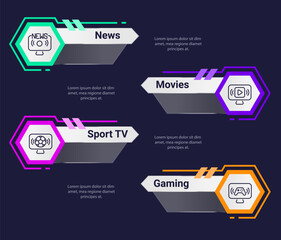 TV programs infographic chart design template. Video streaming platform. Editable infochart with icons. Instructional graphics with step sequence. Visual data presentation. Roboto font used