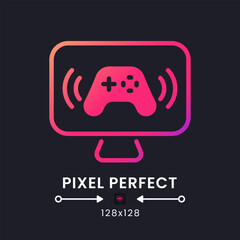 Poster - Gaming streaming pink solid gradient desktop icon on black. Esports tournaments. Network broadcast. Pixel perfect 128x128, outline 4px. Glyph pictogram for dark mode. Isolated vector image