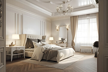 Classic style bedroom interior with modern bed in luxury house. Generative AI