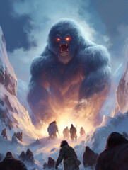 Wall Mural - A giant yeti surrounded by a ring of flames as it stares menacingly at a group of Fantasy art concept. AI generation