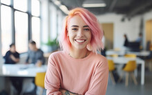 Young Adult Woman Portrait With Dyed Hair On Modern Office Background. Attractive And Charming Woman With Colorful Hair. Generative AI